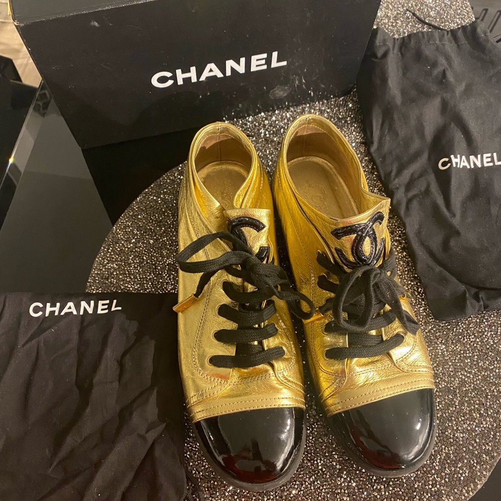 CHANEL Gold Sneakers w/ black patent  sz 42